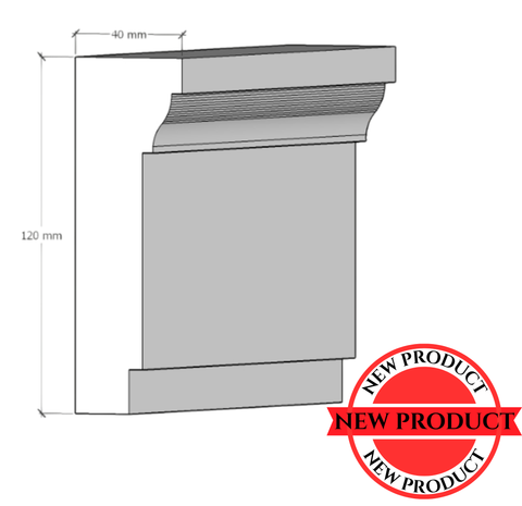Technical drawing of a architectural trim component with dimensions and E120 label.